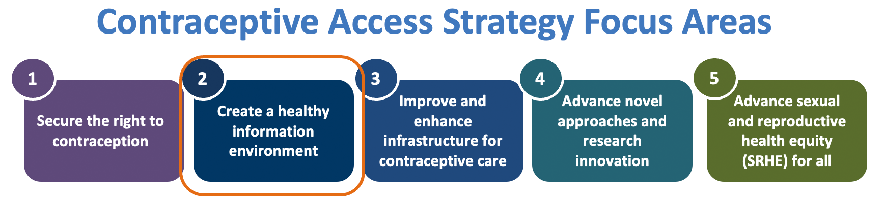 Strategy Focus Areas: 1. Secure the right to contraception. 2. Create a healthy environment. 3. Improve and enhance infrastructure. 4. Advance novel approaches and research innovation. 5. Advance sexual and reproductive health equity for all