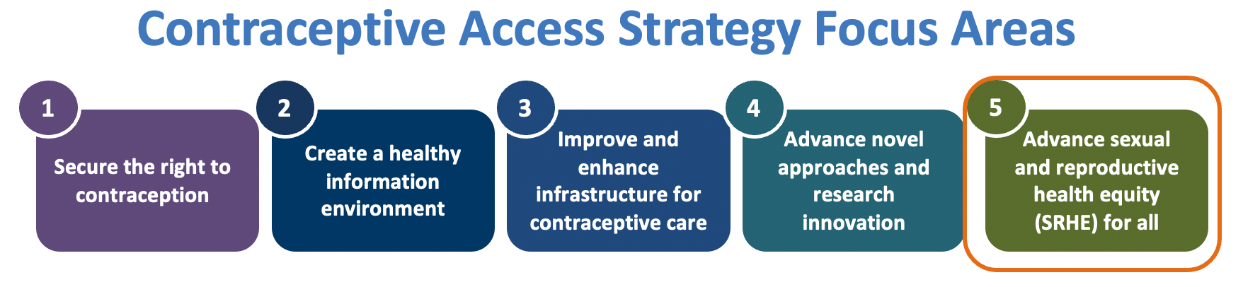 Strategy Focus Areas: 1. Secure the right to contraception. 2. Create a healthy environment. 3. Improve and enhance infrastructure. 4. Advance novel approaches and research innovation. 5. Advance sexual and reproductive health equity for all