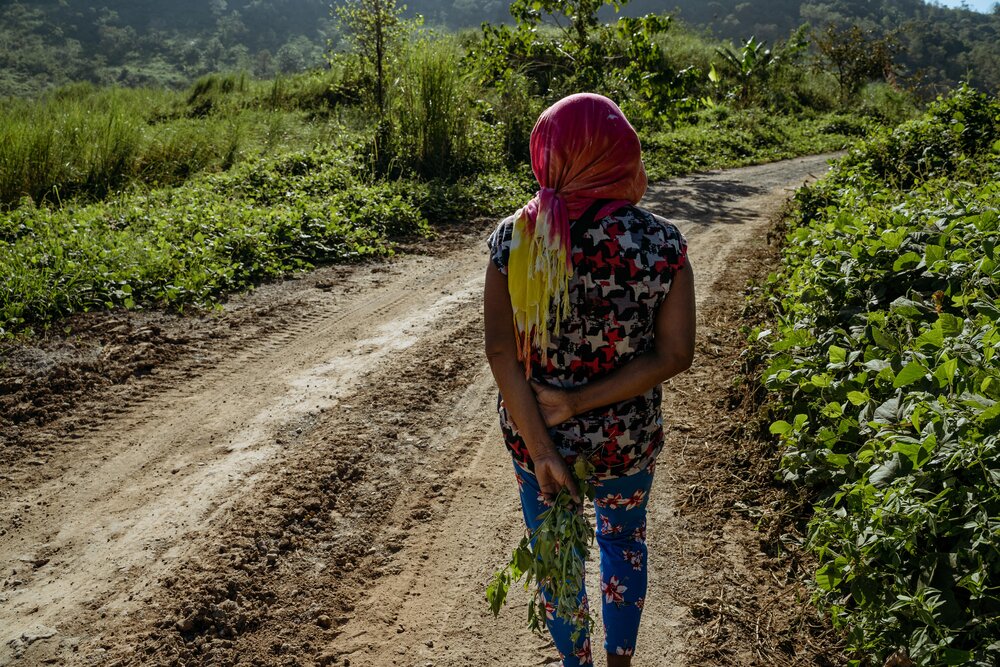  Aeta resident Leah (name changed to protect her privacy) holds freshly picked hagonoy weeds while strolling along a flattened road in Sitio Alli, Capas, Tarlac. According to Leah, they used to roam freely in the area, which was covered with herbal p