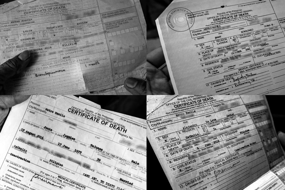   Falsified causes of death written on the death certificates of Lenin Baylon, 9; Jimmy Doble, 21; Jonie Tejones, 39; and Alejandro Javier, 34; all victims of extrajudicial killings in the Duterte administration's war on drugs.  Some details were blu
