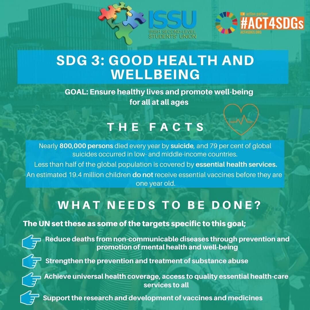 For Day 3 of SDG Action Week, we're covering SDG 3: Good Health &amp; Wellbeing! 
This focuses on promoting good health and wellbeing to ensure a healthy life for all ages. 
If you have any questions or would like to get involved with the ISSU don't 