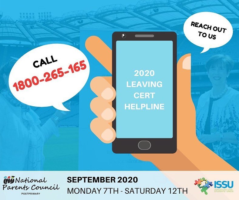 The National Parents Council Post Primary have launched their 2020 Leaving Cert Helpline.
We're incredibly proud to be supporting this fantastic resource for students! 
Phone 1800-265-165 from Sept 7th to speak to qualified guidance counsellors givin