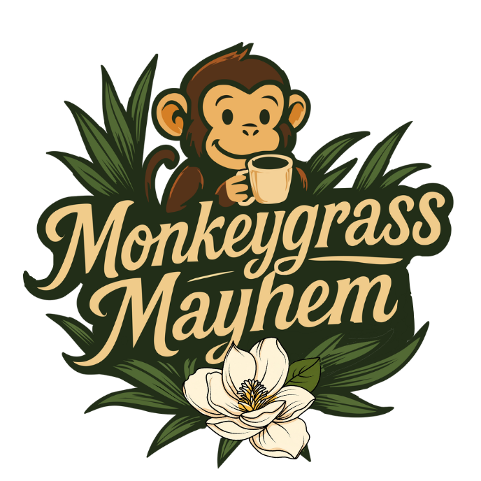 A cartoon monkey holding a coffee cup, surrounded by grass and a white flower, with the text "Monkeygrass Mayhem" in beige cursive font.