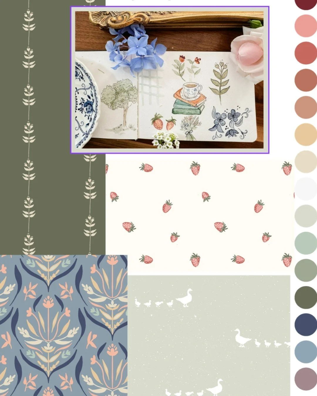 I don&rsquo;t think I&rsquo;ve ever shared the little moodboards I put together at the very beginning of a fabric collection, but here&rsquo;s the one for Hedgerow Haven! Isn't she cute? What's your favorite element in here? 

These are always the fi