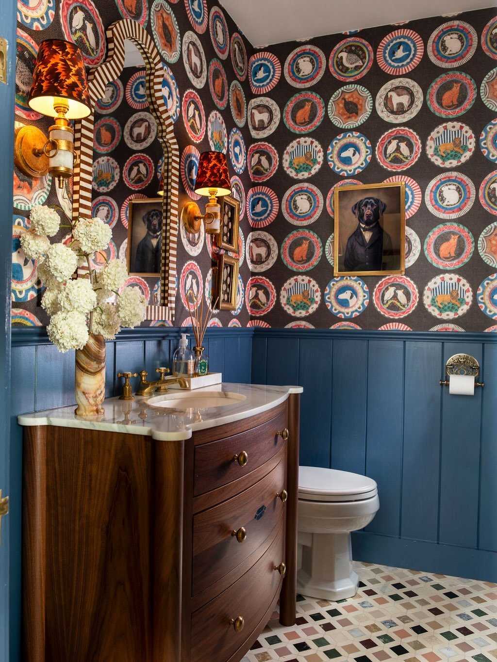 Dana&rsquo;s powder room design was inspired by a quick 36 hour stay at the Charlotte hotel in London, designed by renowned British designer, Kit Kemp. &nbsp;The room is anchored by Kit Kemp&rsquo;s Robina Dinner Plate wallpaper by GP &amp; J Baker a