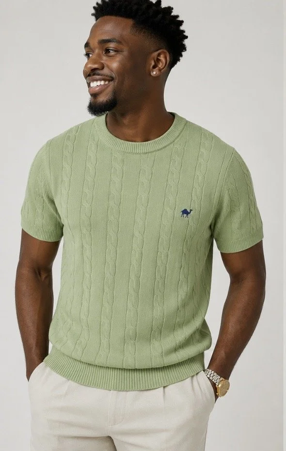 Men's Classic Green Cable Knit Short Sleeve Sweater
