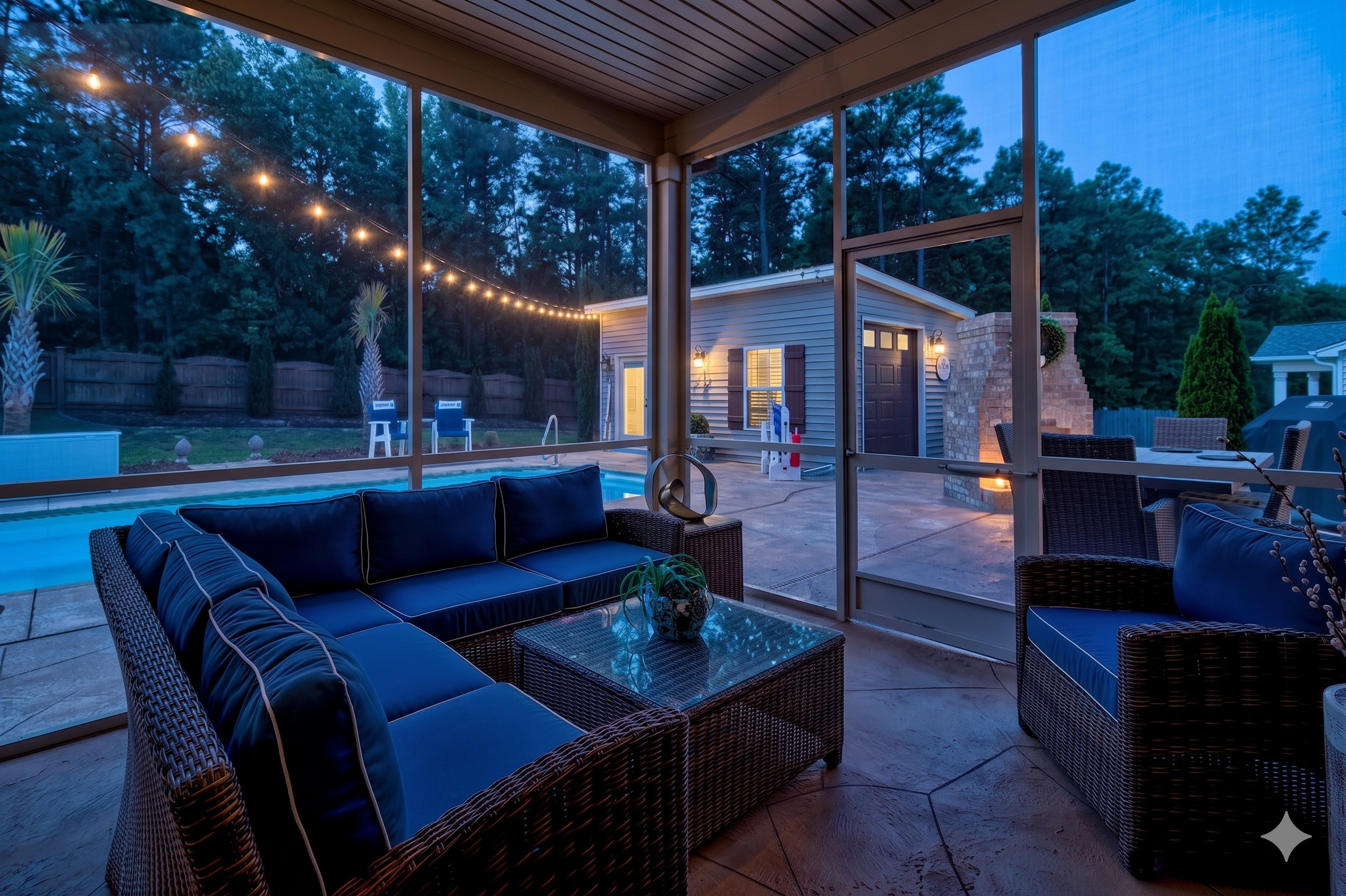 Screened-in porch with view of pool at 410 Montrose Drive, Lexington SC — sold by The Patrick O'Connor Team