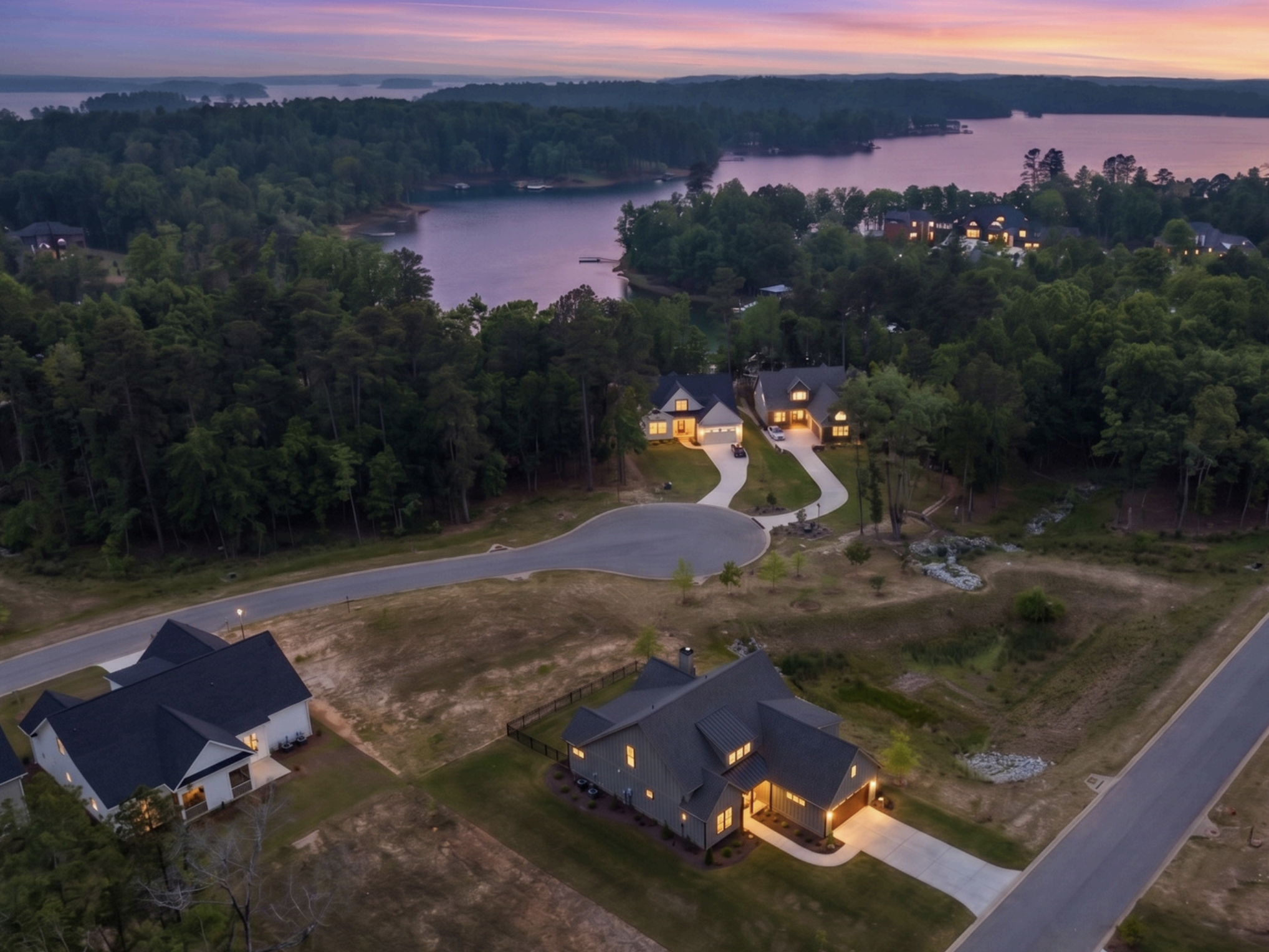 Drone aerial of 615 Misty Banks Drive showing the protected adjacent lot and proximity to Lake MurrayLake Murray community access from Whitewater Landing in Chapin SC
