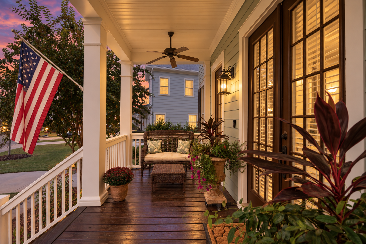 Cozy Twilight Porch with American Flag.png