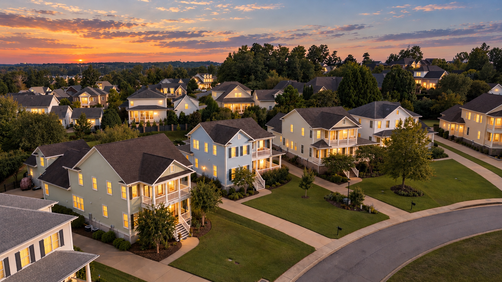 Twilight Aerial View of a Warm Suburban Community.png