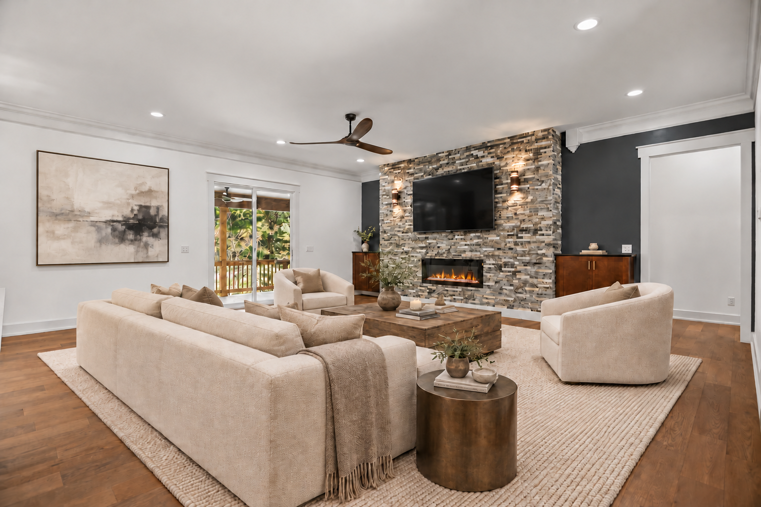 Black TV above fireplace in den.png
