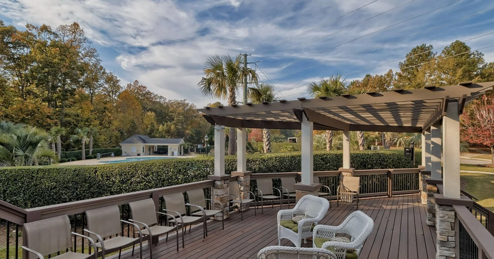 Pergola deck with seating at the Ascot amenity area, Irmo SC