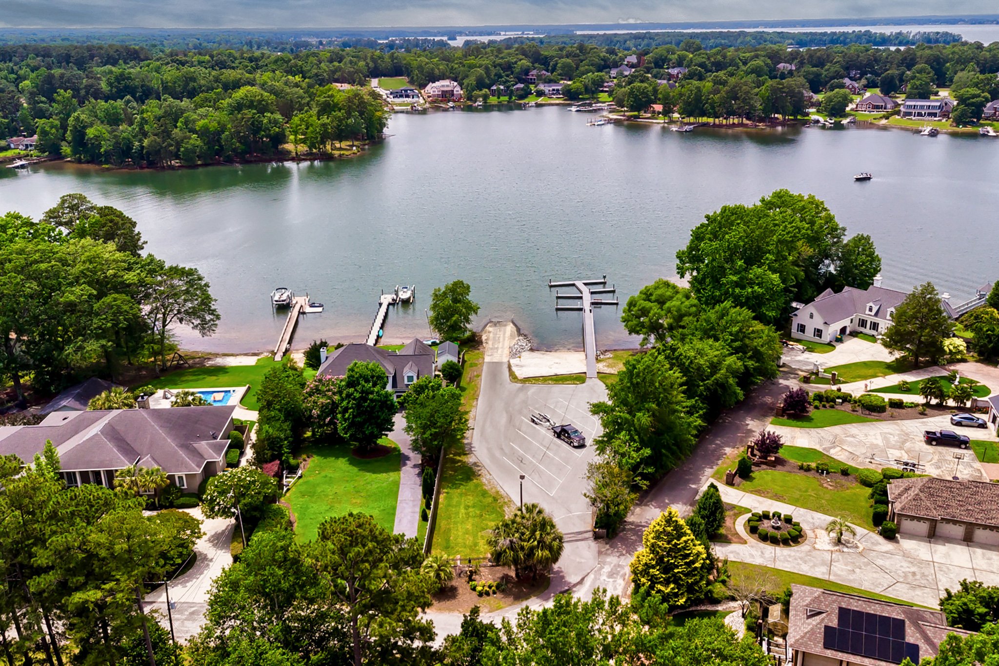 Aerial view of The Landings community boat ramp, docks, and Lake Murray shoreline in Lexington, SC