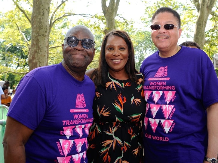 Attorney General Of New York Letitia James (center) with HARLEM WEEK executive producer Voza Rivers (left) and Geoffrey Easton of the NY-NAACP. (Nadezda Tavodova Tezgor)