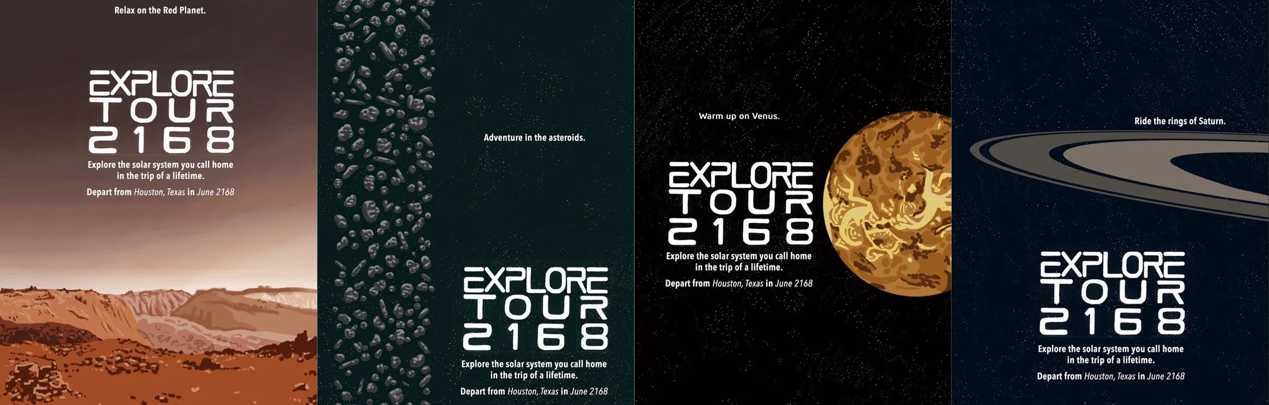  This is a series of posters I created for an imaginary tourist cruise around the Milky Way Galaxy 50 years in the future. As a huge space nerd, I enjoyed trying to make each destination as recognizable as possible while keeping a more minimalist sty
