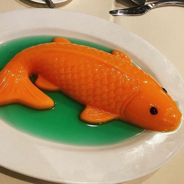 Mango Pudding Koi Fish ❤️ Can only find at the House of Wong!! Yes, you can order the mango pudding koi fish to go!! If you would like to get this take out, we can do a deposit on the very large plate and you bring it back or give to you on alumnium 