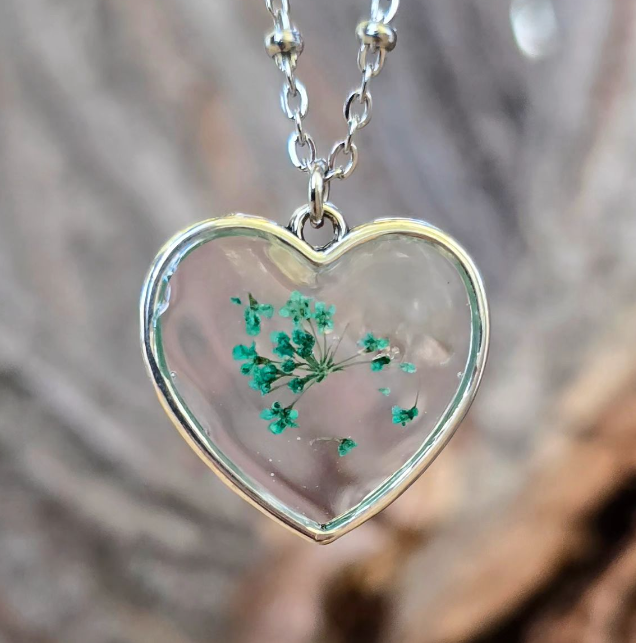 Blue Heart Flower Resin Necklace in Silver