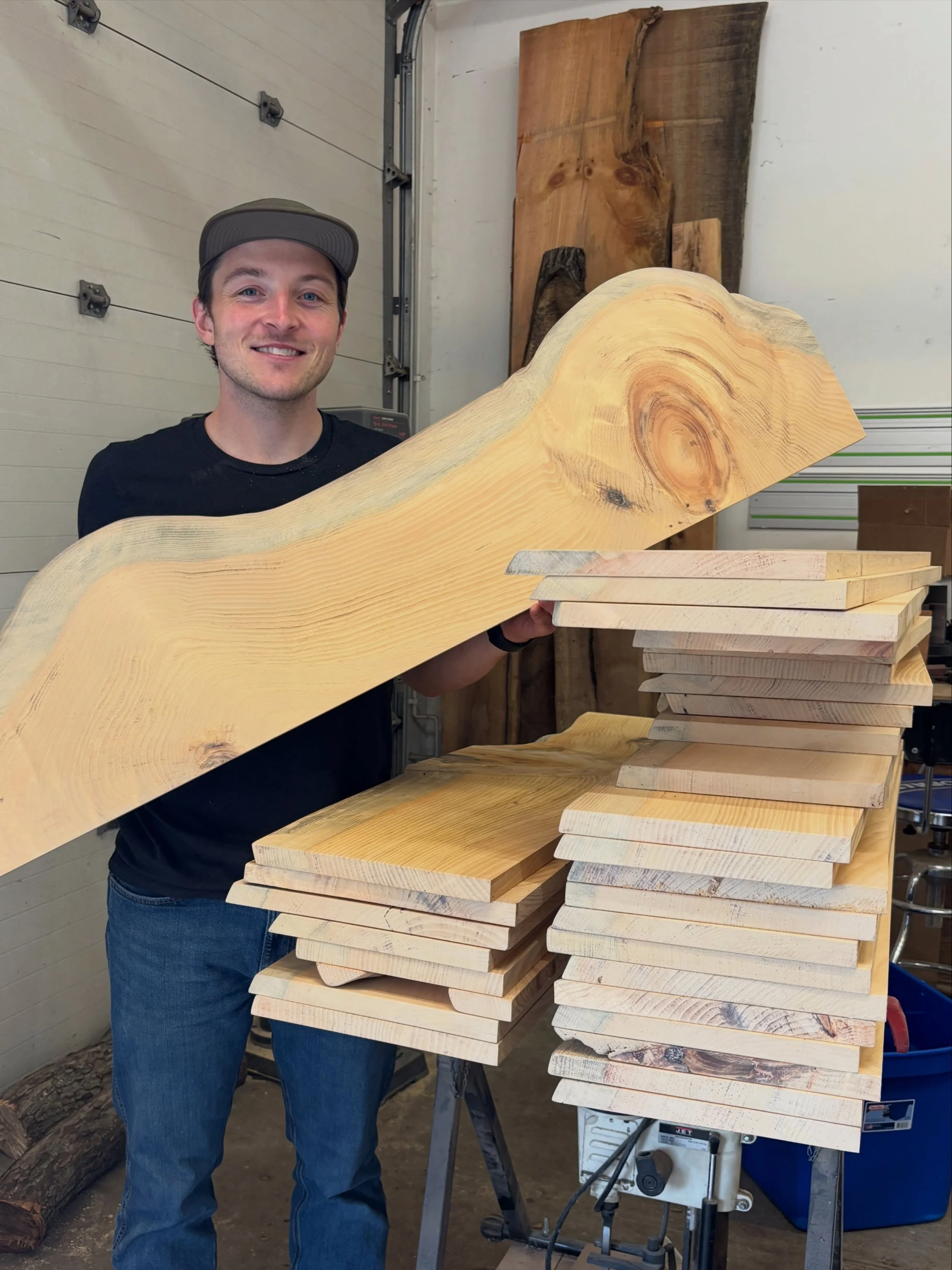 30 live edge white pine shelves done. Processed from some 9&rsquo; x 2.5&rdquo; thick slabs. This is proof that big slabs don&rsquo;t ultimately need to make a big single-slab table. 

Projects like this are hard to capture. Consider this. The surfac