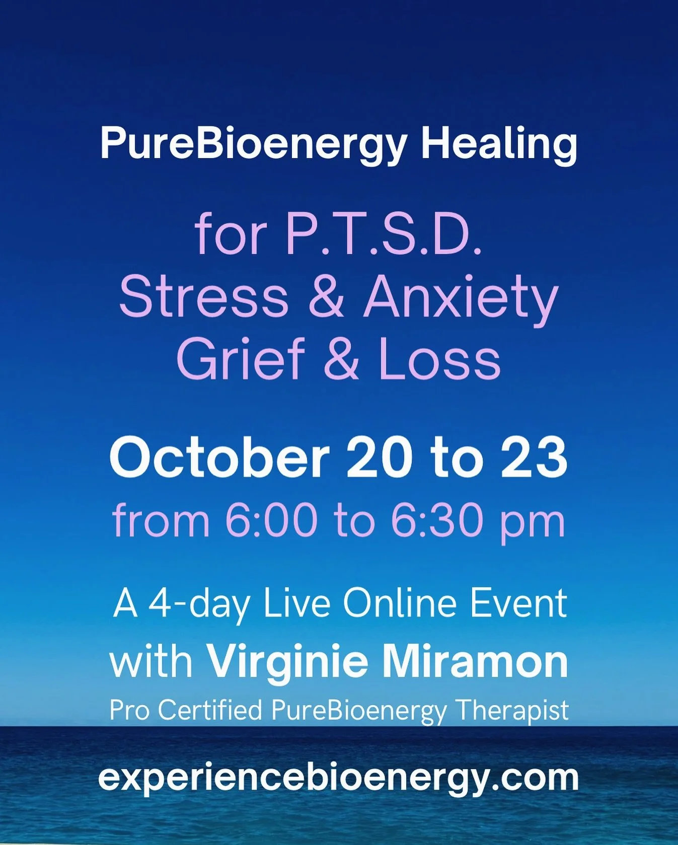 Receive pure energy from Source, join me online for a complete PureBioenergy therapy - 4 powerful and beautiful sessions back to back. 

Source energy helps us connect within. It awakens the healer within and nurtures our inner light as it clears awa