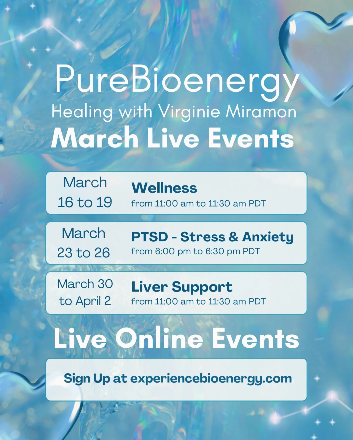 Bring healing energy into your home, save the dates!

#purebioenergy #healing #wellness #wellbeing #virginiemiramon