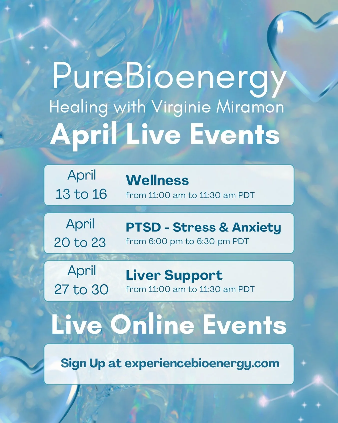 Relax, reset and recharge with PureBioenergy in April. Receive pure energy from the comfort of your home with your loved ones, and awaken your own self-healing potential. 

For more information and sign up go to the link in profile or visit experienc