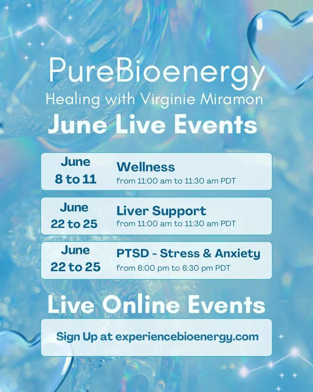 June healings at a glance! Save the dates, set the time aside to receive pure energy and awaken your own self-healing abilities. 

For more information and sign up go to the link in profile or visit experiencebioenergy.com

#bioenergy #naturalhealing