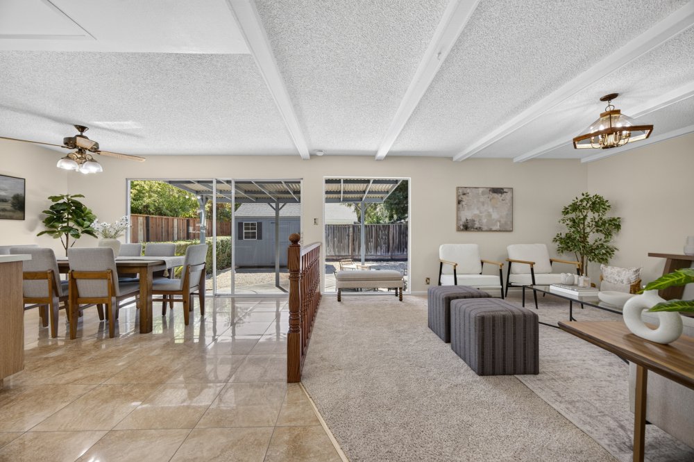 Open kitchen, dining area and family room at 312 Surber Drive in San Jose