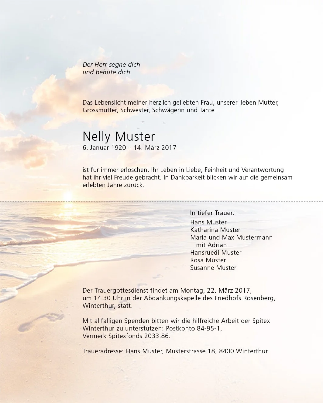 Trauerkarte Sujet Spuren im Sand