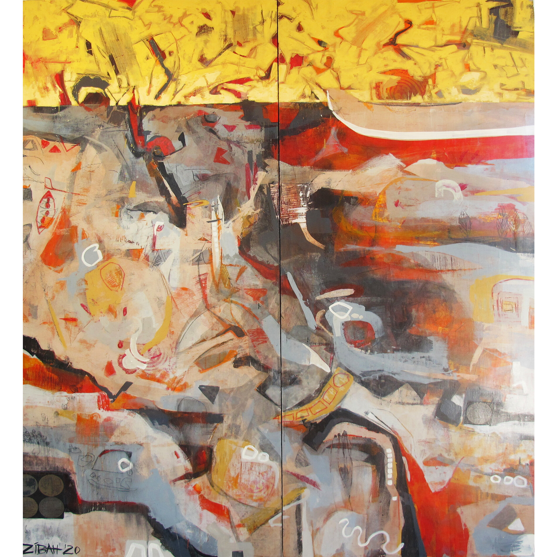 'Serendipity' diptych 203cm x 170cm, acrylic, crayon, graphite on panel $5800.jpg