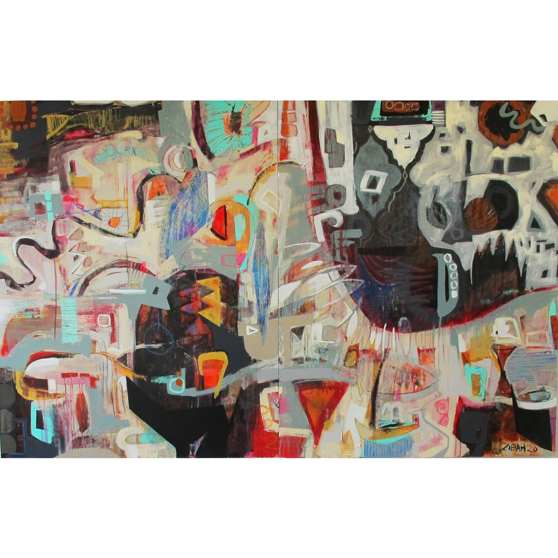 'The Festival' diptych 210cm x 120cm, acrylic, collage, crayon, graphite on panel $4800.jpg