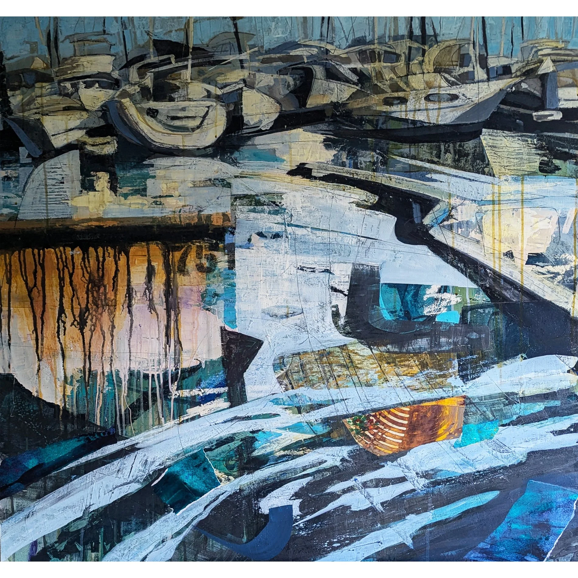 'Floating with Dolphins 1', Deborah Zibah, 120cm x 120cm, acrylic on panel SQ.jpg