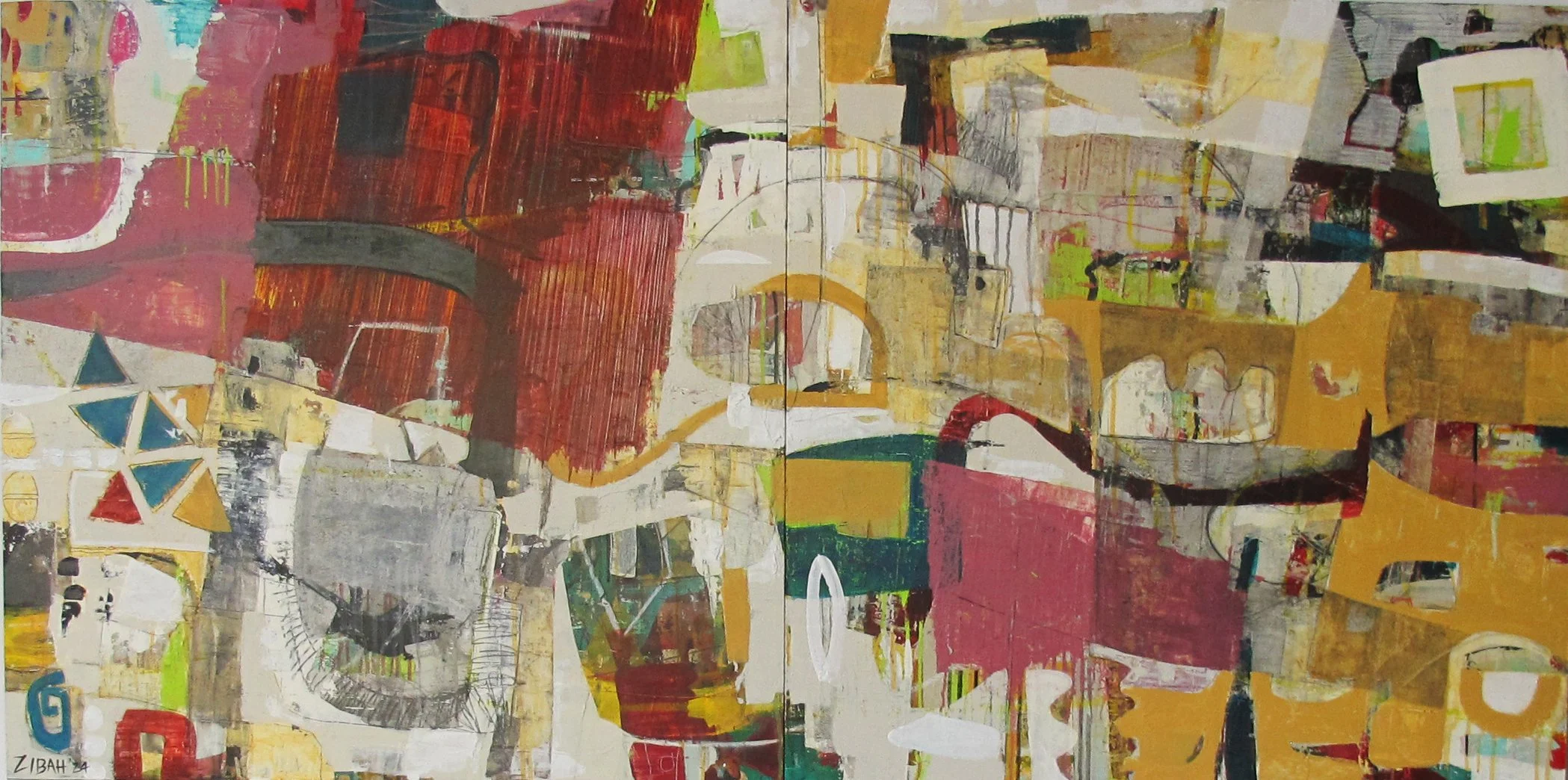 Deborah Zibah 'Distraction', diptych 144cm x 72cm, mixed media on panel.jpg
