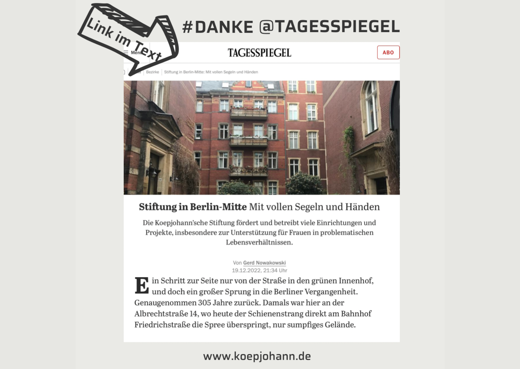 Bericht im Tagesspiegel „Mit vollen Segeln und Händen" 