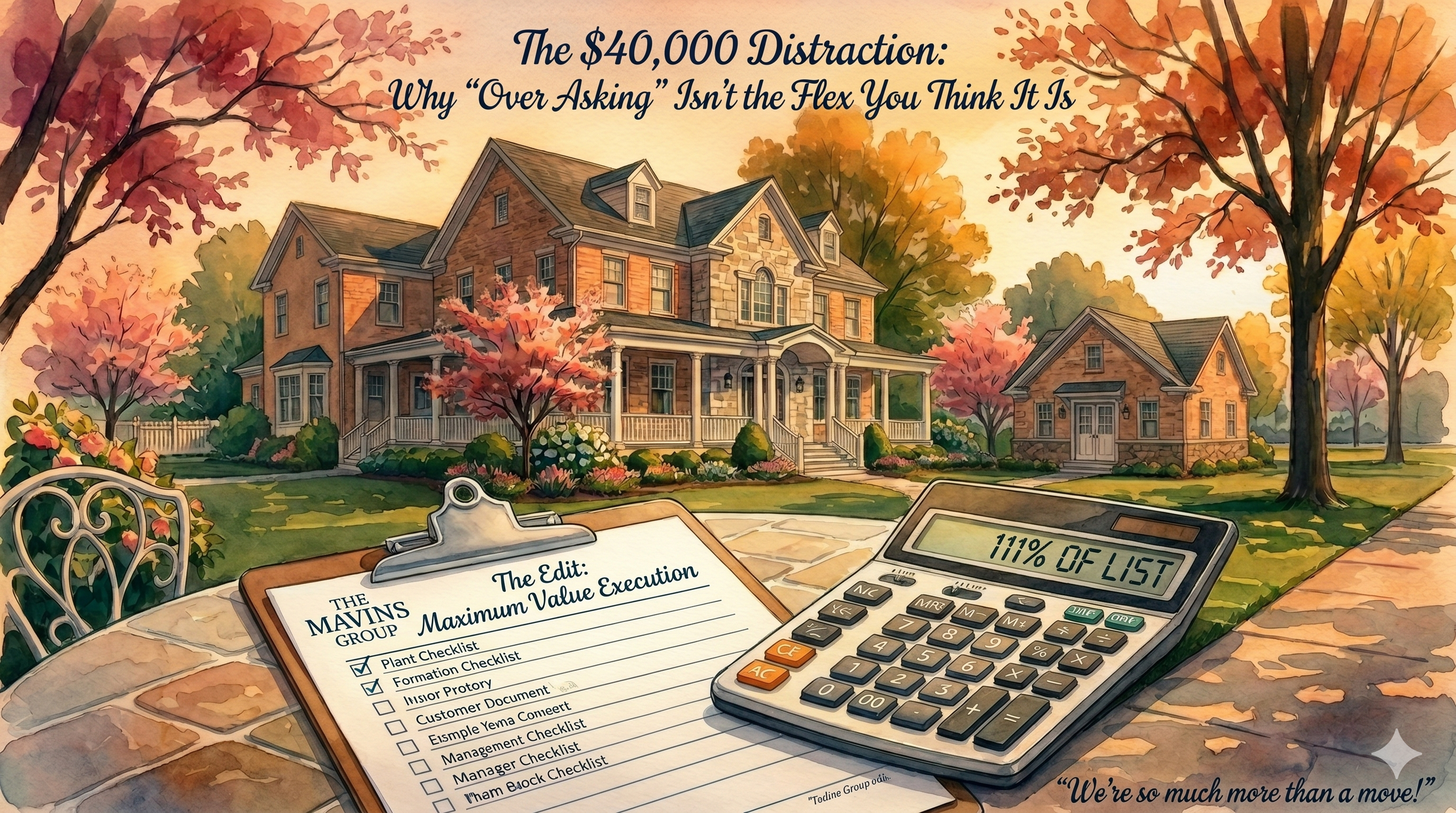 Watercolor of an Indian Forest manor house in golden hour light with a matching annex. Foreground shows a Mavins Group clipboard and a calculator displaying 111% of list. Text: The $40,000 Distraction: Why Over Asking Isn't the Flex You Think It Is.