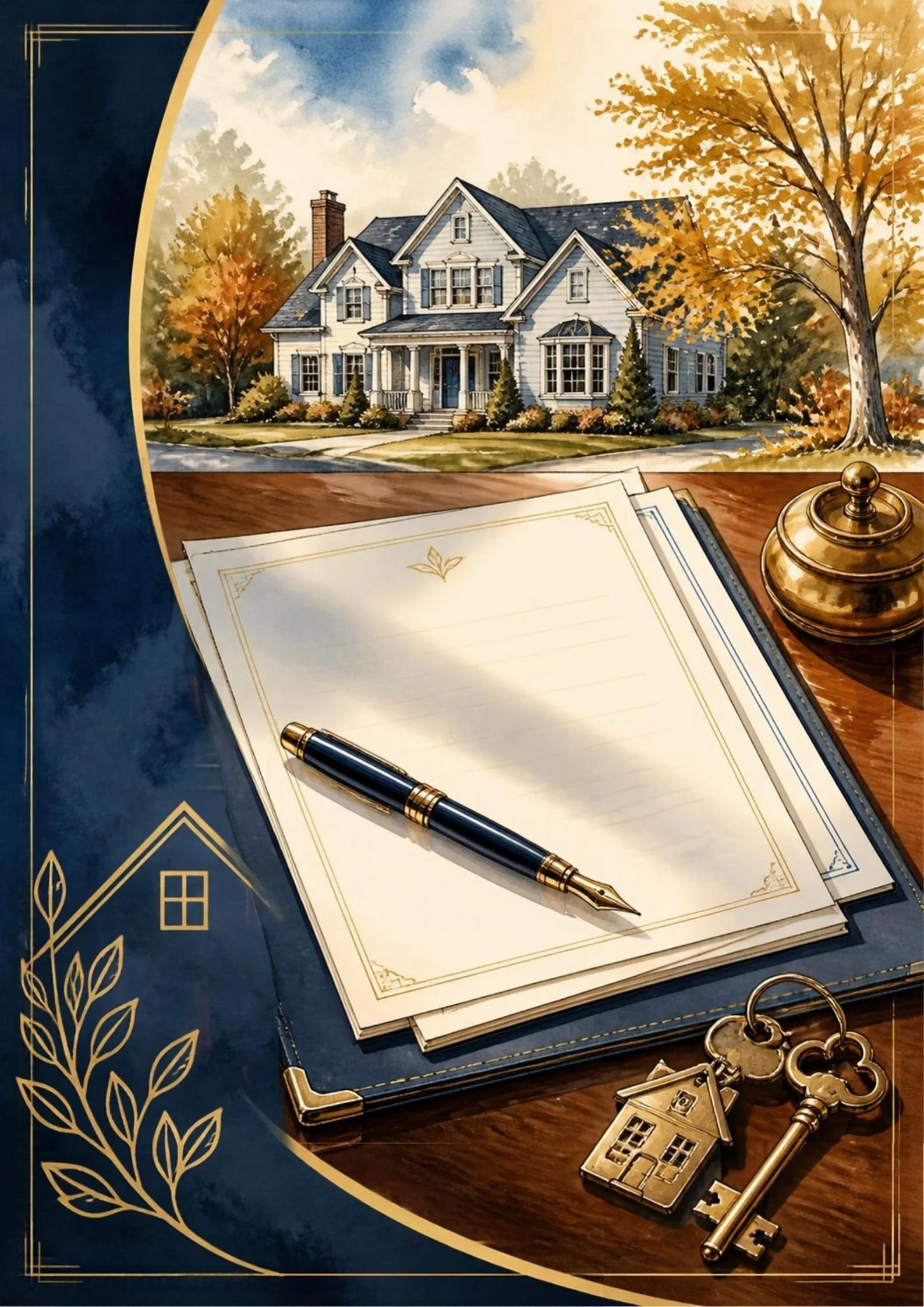 Rich watercolor painting of a real estate closing statement and house keys, representing The Mavins Group guide to navigating the New Jersey 1% seller mansion tax in Westfield.