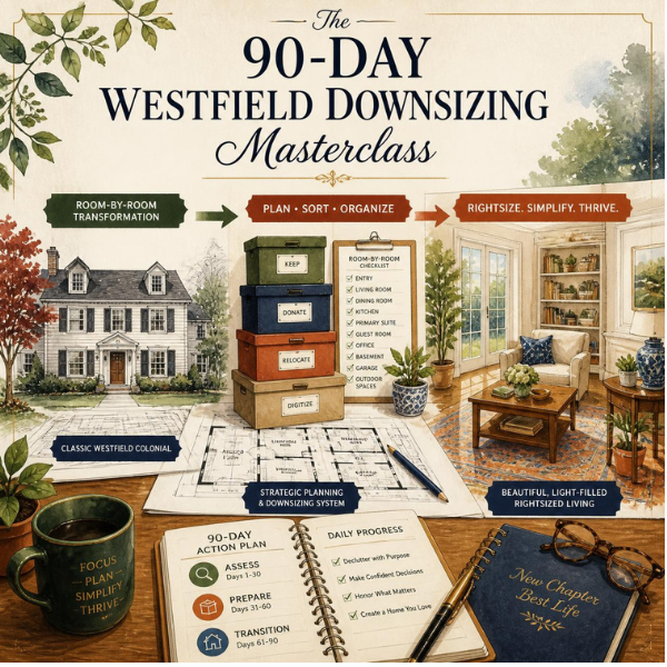 An elegant watercolor illustration on textured cream paper titled 'The 90-Day Westfield Downsizing Masterclass' showing architectural floor plans, organized rooms, and a colonial home transition in sage green, terracotta, and warm amber tones.