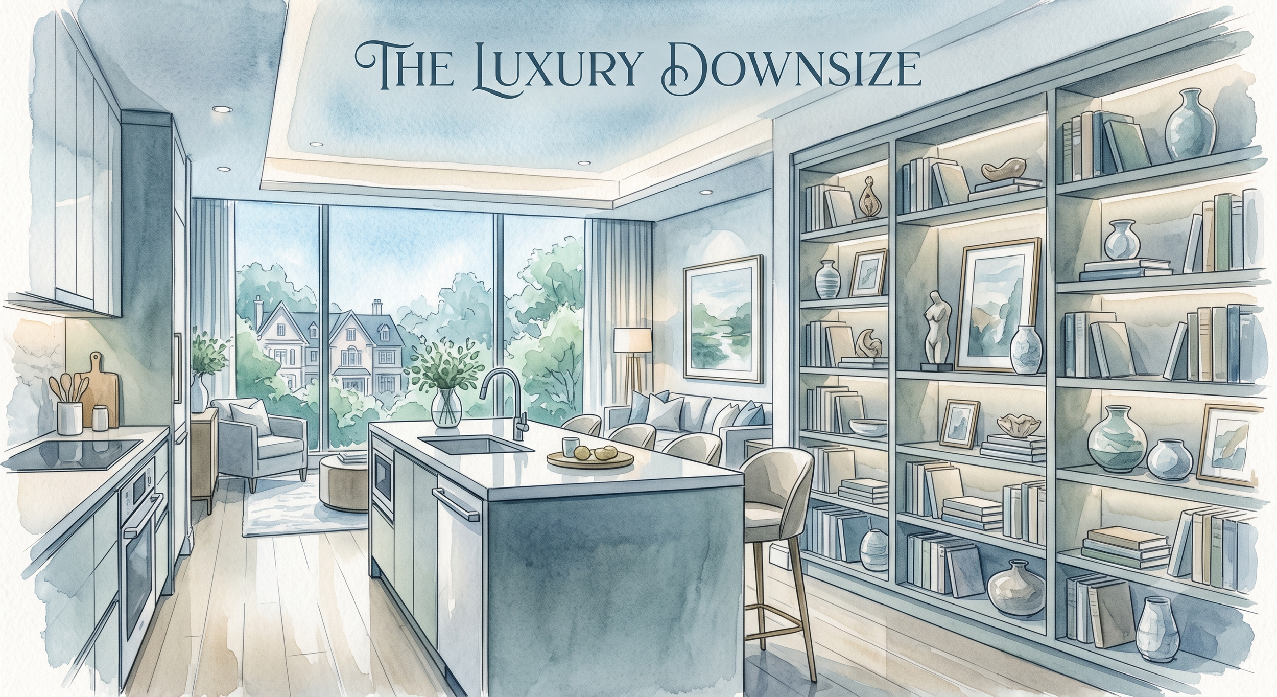 Watercolor open-concept interior titled The Luxury Downsize, showcasing a curated bookshelf and kitchen island in a Westfield NJ home