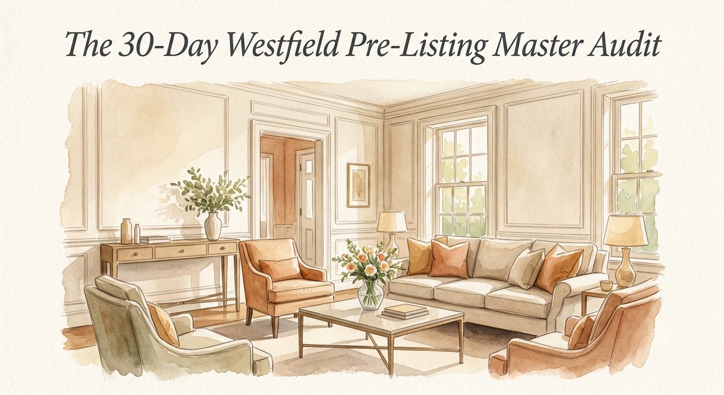 A warm watercolor illustration on textured paper titled 'The 30-Day Westfield Pre-Listing Master Audit' displaying a beautifully styled, light-filled living room with curated neutral furniture, sage green accents, and warm golden sunlight.