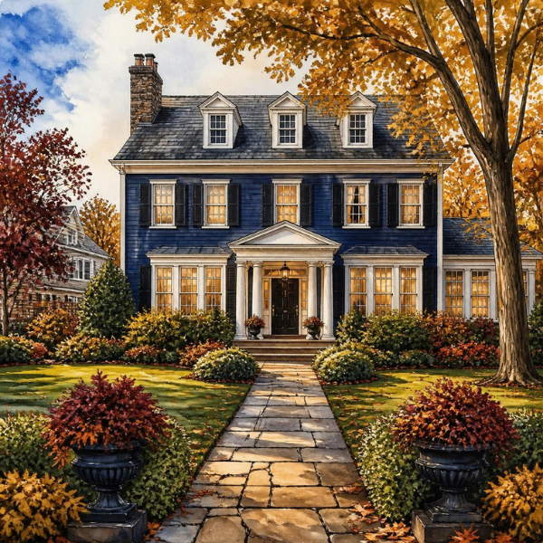 atercolor illustration of a classic Westfield, New Jersey colonial home surrounded by autumn foliage, featured on The Mavins Group blog guide for NJ Form PAS-1 property tax relief