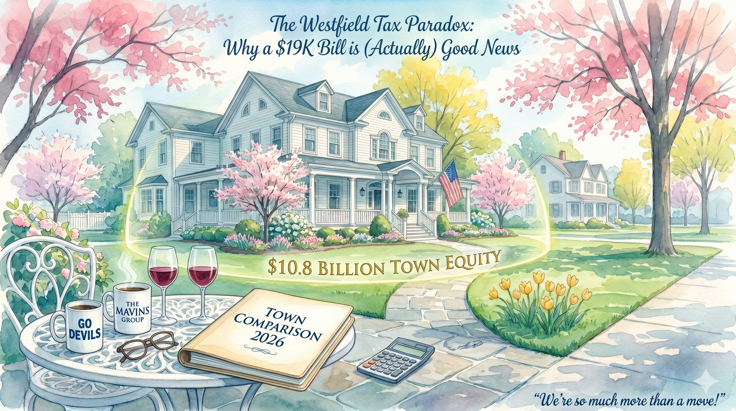 Watercolor landscape of a Westfield NJ home with a $10.8 billion town equity shield. Foreground shows a Go Devils mug and a 2026 town tax comparison folder.