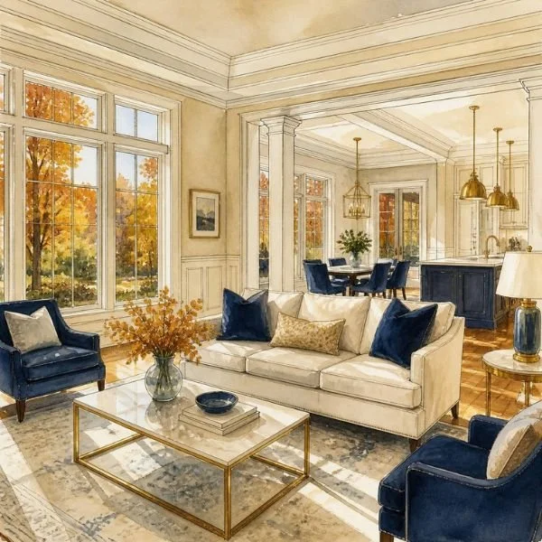 Architectural watercolor illustration of a decluttered, sunlit Westfield home interior with autumn views, featured on The Mavins Group blog guide to pre-listing home preparation.