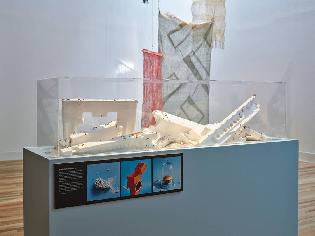 The BoeteBurger project is on display @dedomijnen in Sittard as part of the Art &amp; New Materials: Design for a Better Future exhibition. The mealworms will be eating styrofoam for a couple of weeks. In that time they are able to digest and break d