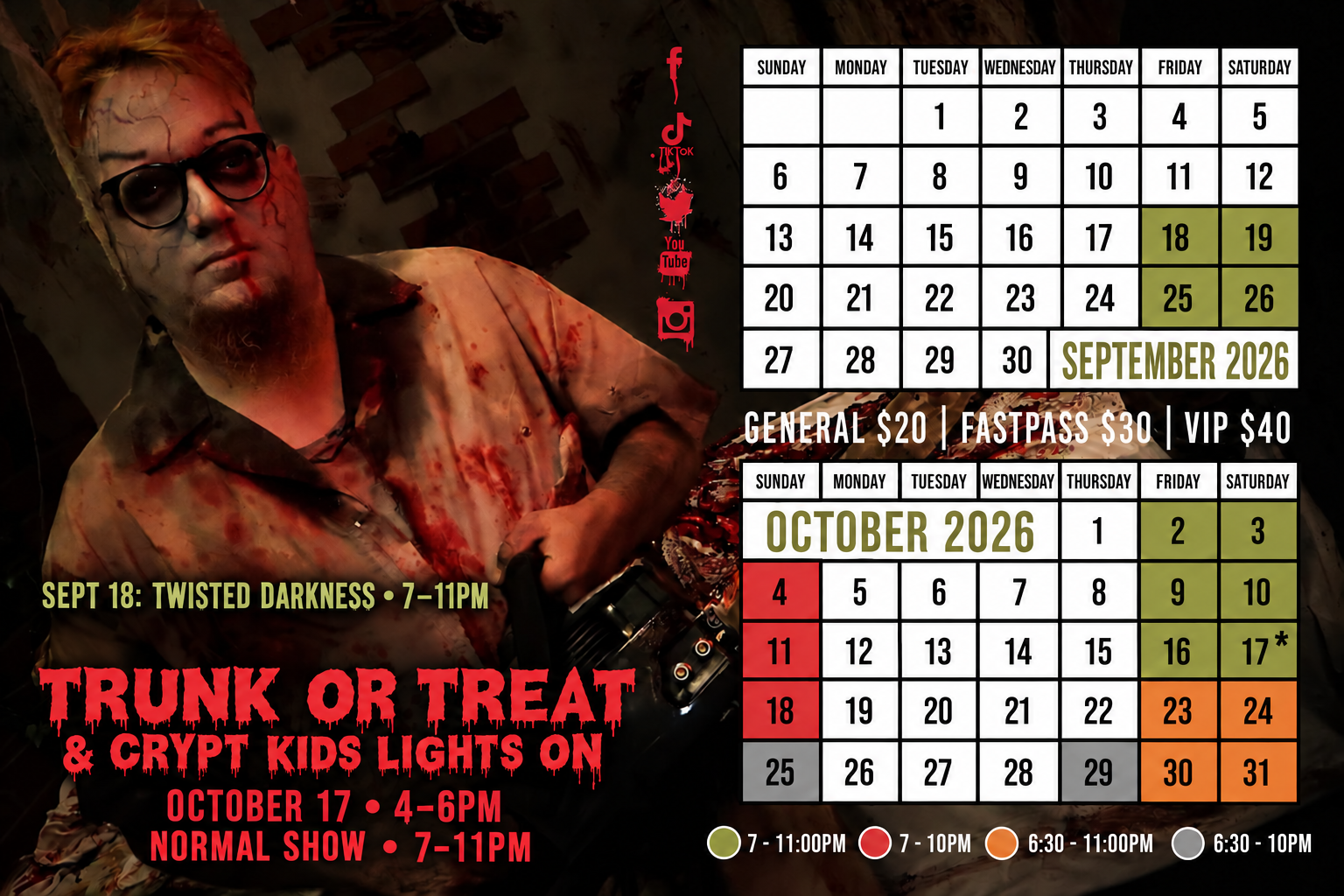 Twisted Crypt Haunted House 2026 calendar: open Sept 18 - Oct 31, 2026 in Rockford, IL. Sept 18 Twisted Darkness 7-11PM. Oct 17 Trunk or Treat and Crypt Kids Lights On 4-6PM. General $20, FastPass $30, VIP $40.