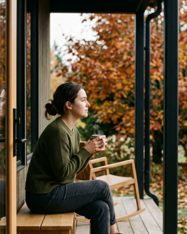 Woman ;sitting thinking about her session with Rachel Coffey