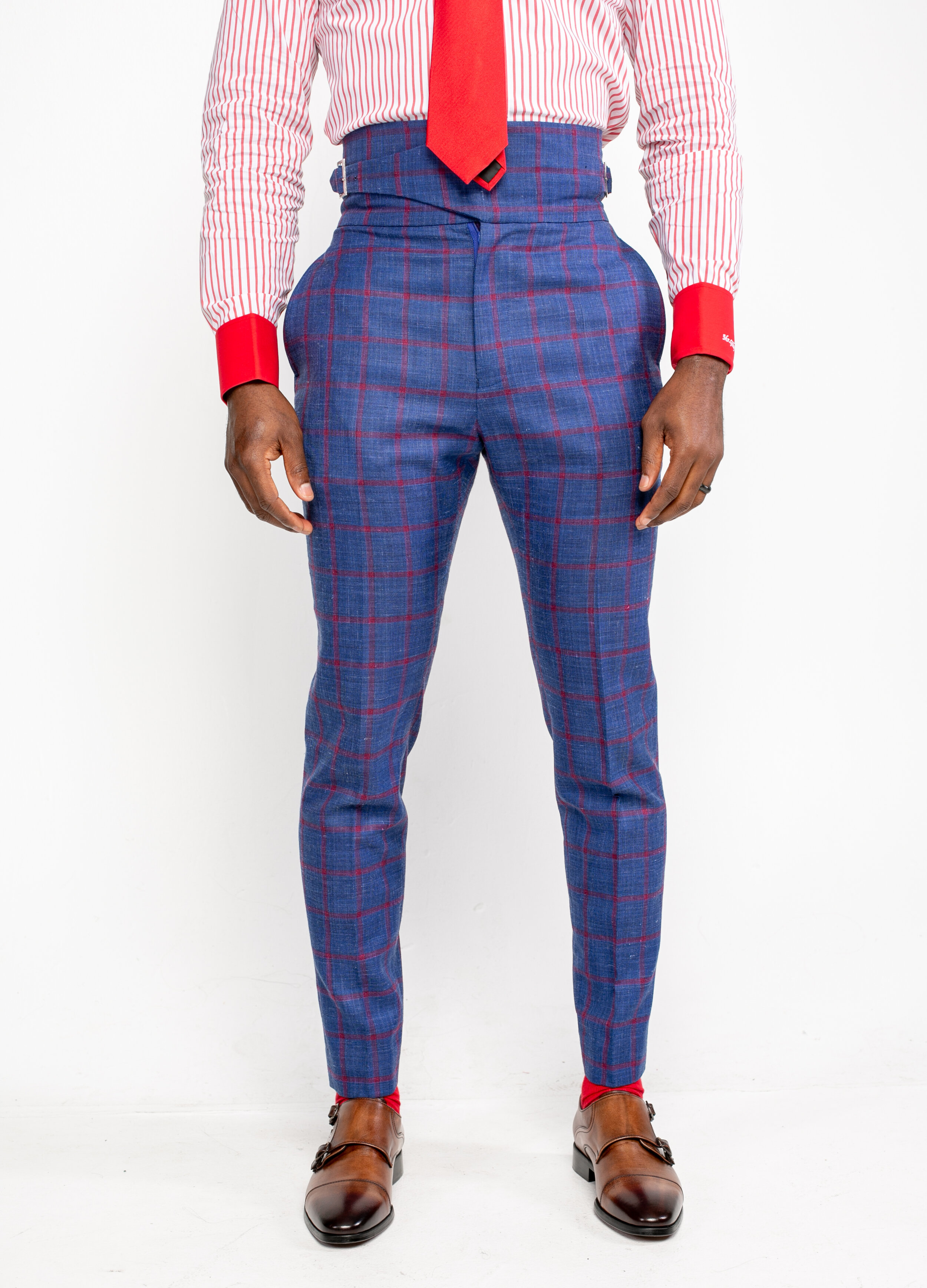 Blue/Red Window Pane with Stripe Mask, White Shirt/Red Accents 