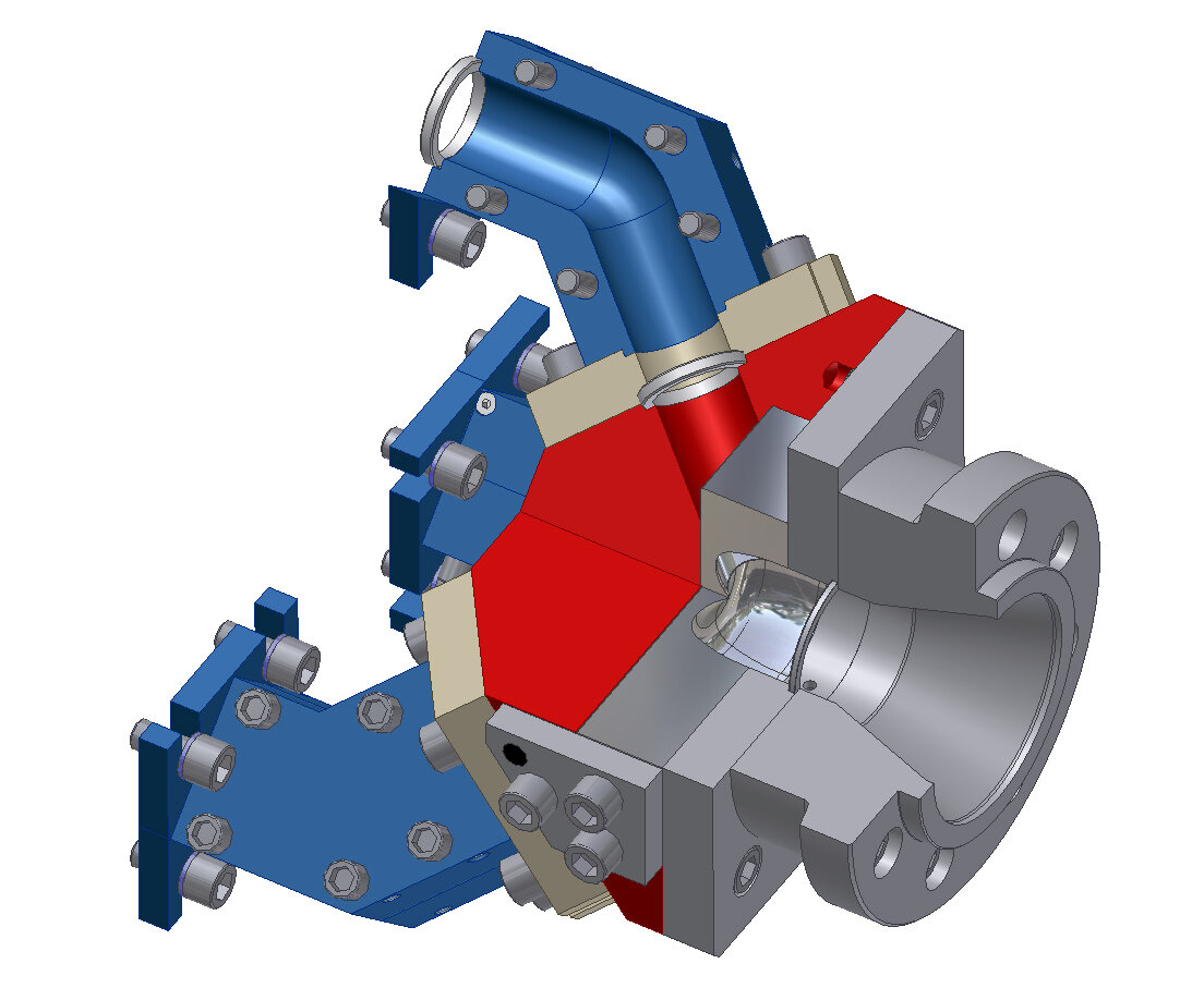 Eprotec Zahnradpumpe für die Kunststoffplattenextrusion (Extrusionsschmelzepumpe) Strömungsteiler 4-1 für die NBR-Fensterprofilherstellung mit Adapterflansch für Gummiextruder.