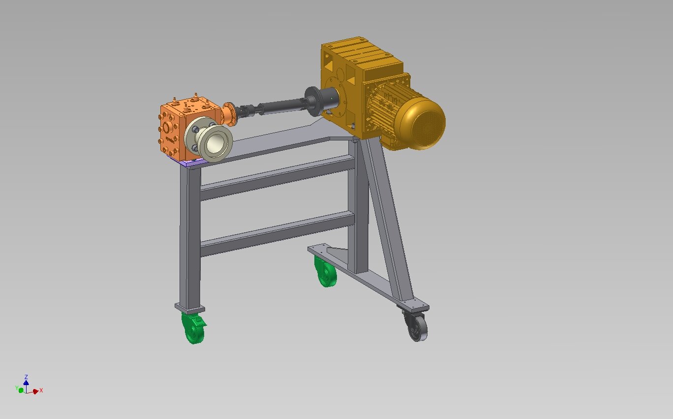Eprotec Schmelzepumpe für die Extrusion von Kunststoffplatten (Extrusionszahnradpumpe) und Antriebseinheit auf Träger (Rahmen) auf Rädern für die Masterbatch-Compoundierung