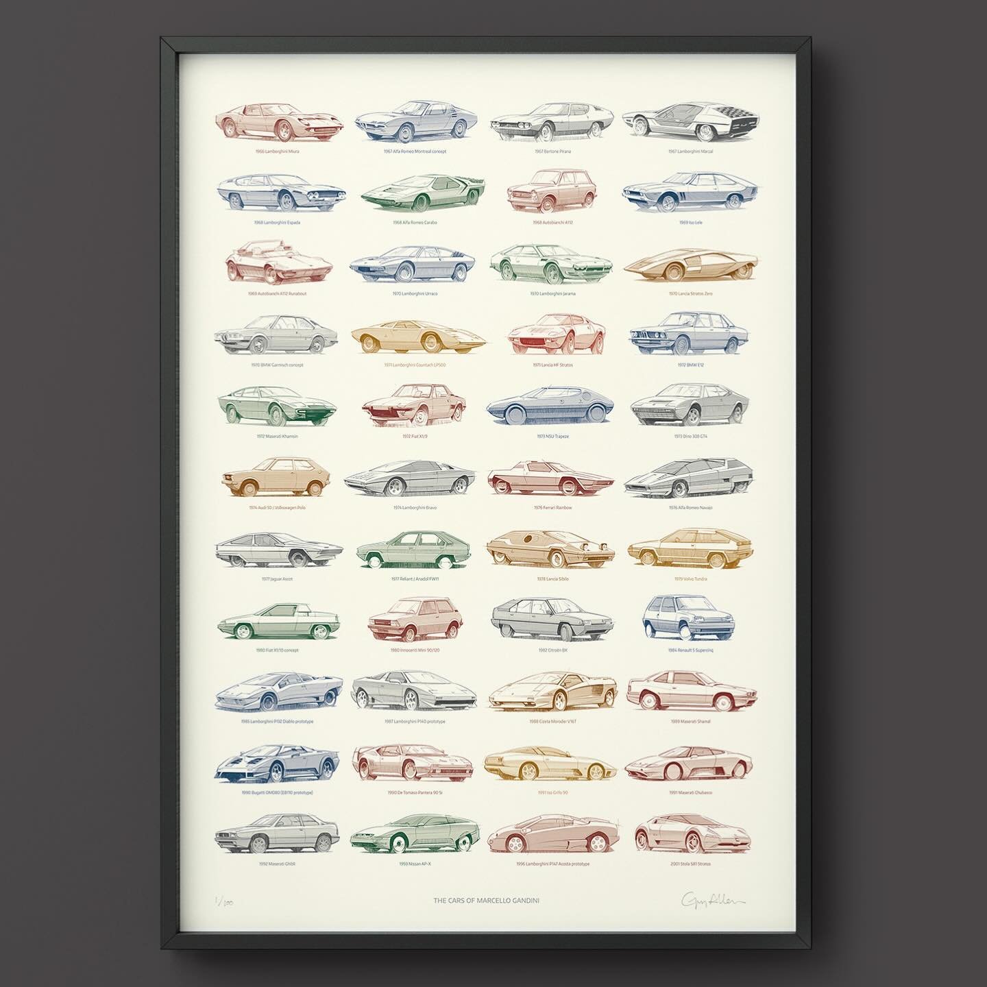 New print featuring &lsquo;The Cars of Marcello Gandini&rsquo;. The illustrations were commissioned by Magneto magazine (appearing in the latest issue - no.22). Forty four cars spanning the career of the legendary Italian designer, including the Miur