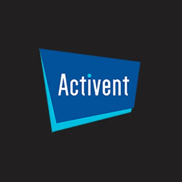 Blue and cyan logo for Activent on a black background.