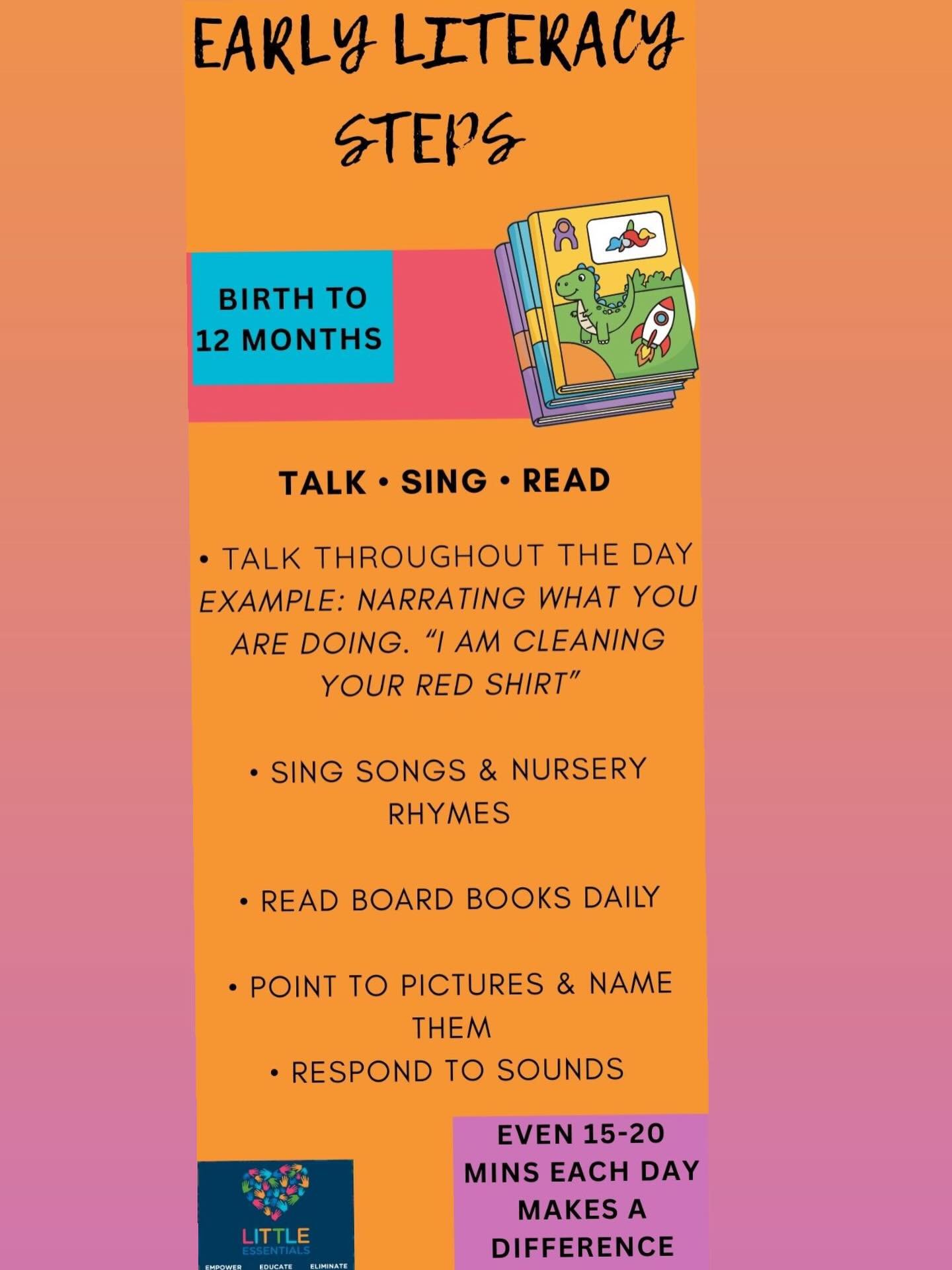 Literacy is so important even in the early stages. Here are some tips to support early literacy from 0-12 months. At Little Essentials we bring forth one of our Es(Educate). 
Coming soon we will be having workshops dedicated to literacy hosted by Edu